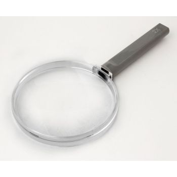 large 4 inch reading magnifier with grey handle front view