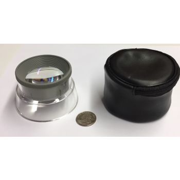 10x stand magnifier with acrylic base and storage case with quarter next to it to show size and scale