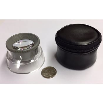 6x stand magnifier with acrylic base and storage case with quarter next to it to show size and scale