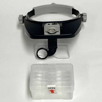black and grey Headband Magnifier Visor Style 5 LED's warm/cold illumination, 5 Lenses, Eye Loupe front view with lens case