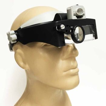 Black and grey Headband Magnifier, Visor Style, Center Mounted 5 LED Illumination, 5x Swivel Eye Loupe side view on head view