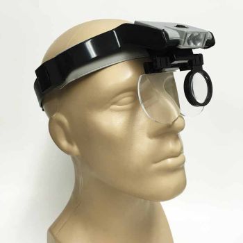 Black led headband magnifier with 5 lenses and one side loupe angled view shows led lights