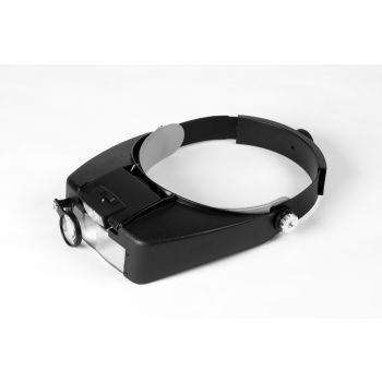 Headband Magnifier, Visor Style, Center Mounted LED, Swivel Eye Loupe angled front view