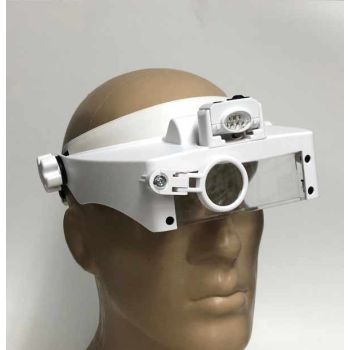 white Headband Magnifier Center Mounted 5 LED Illumination 5x Swivel Eye Loupe front view on head